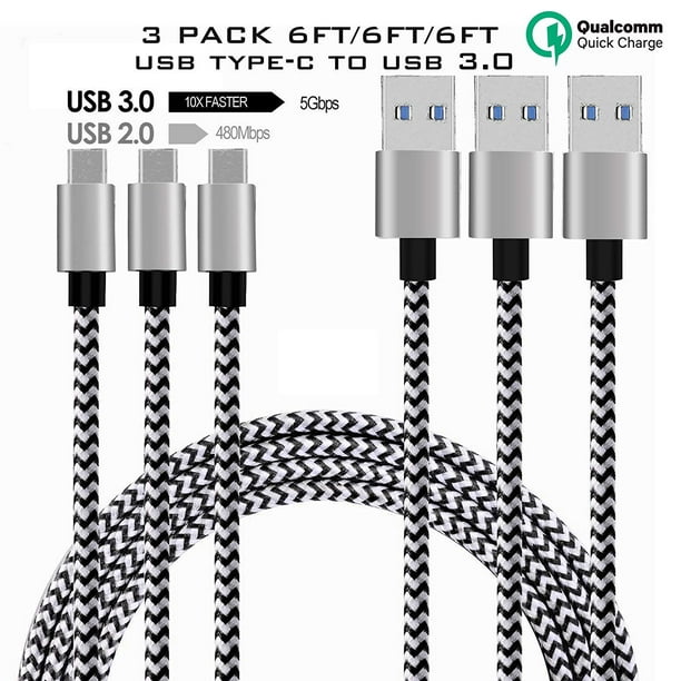 3 PACK 3PCS 6FT 6 Pieds USB Type C Câble de Charge Rapide Nylon Tressé USB 3.0 pour Type C Câble de Chargeur Cordon à Grande Vitesse