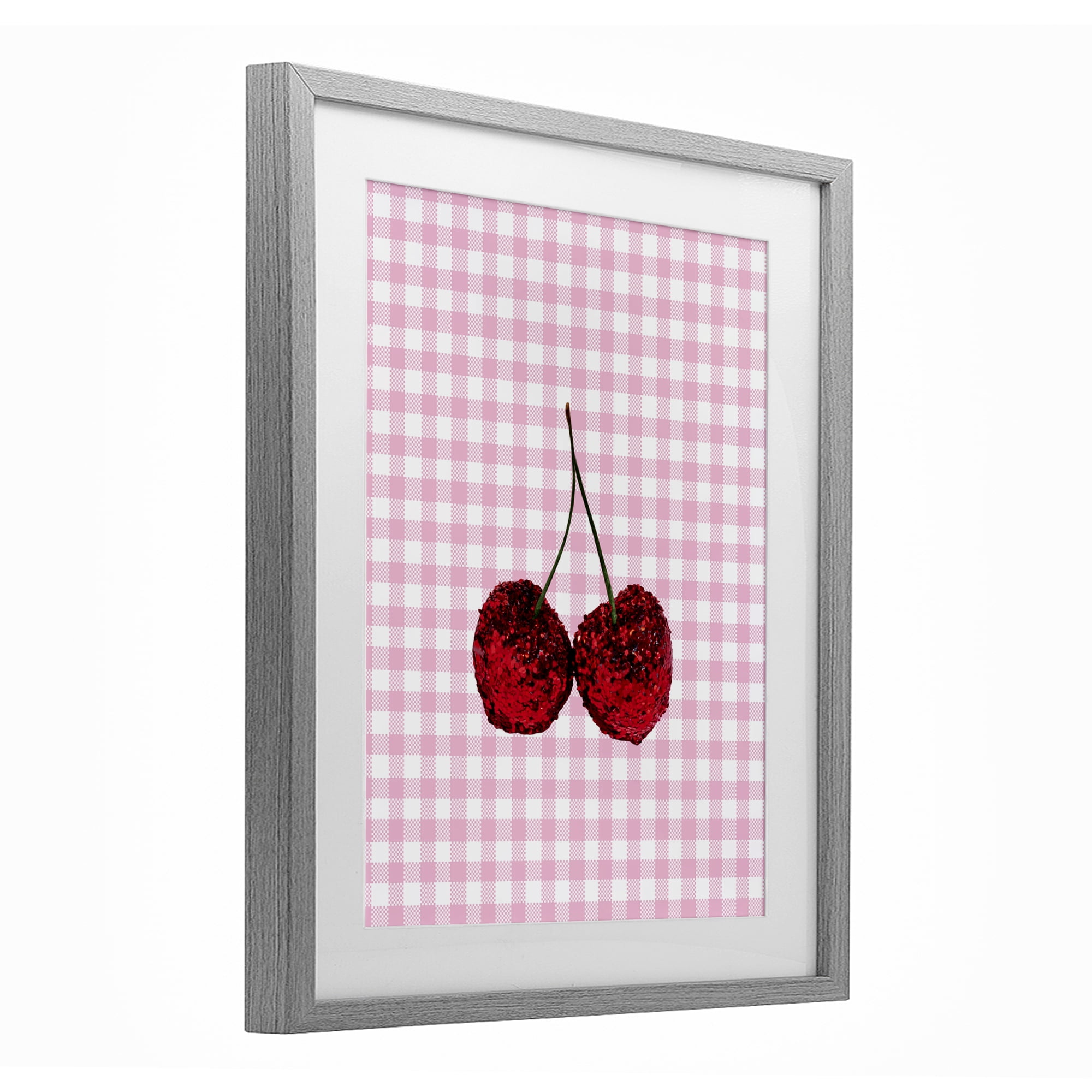 Stupell Industries Glitter Cherry on Pink Gingham Gray Framed Print Under Glass, design by LISH Creative