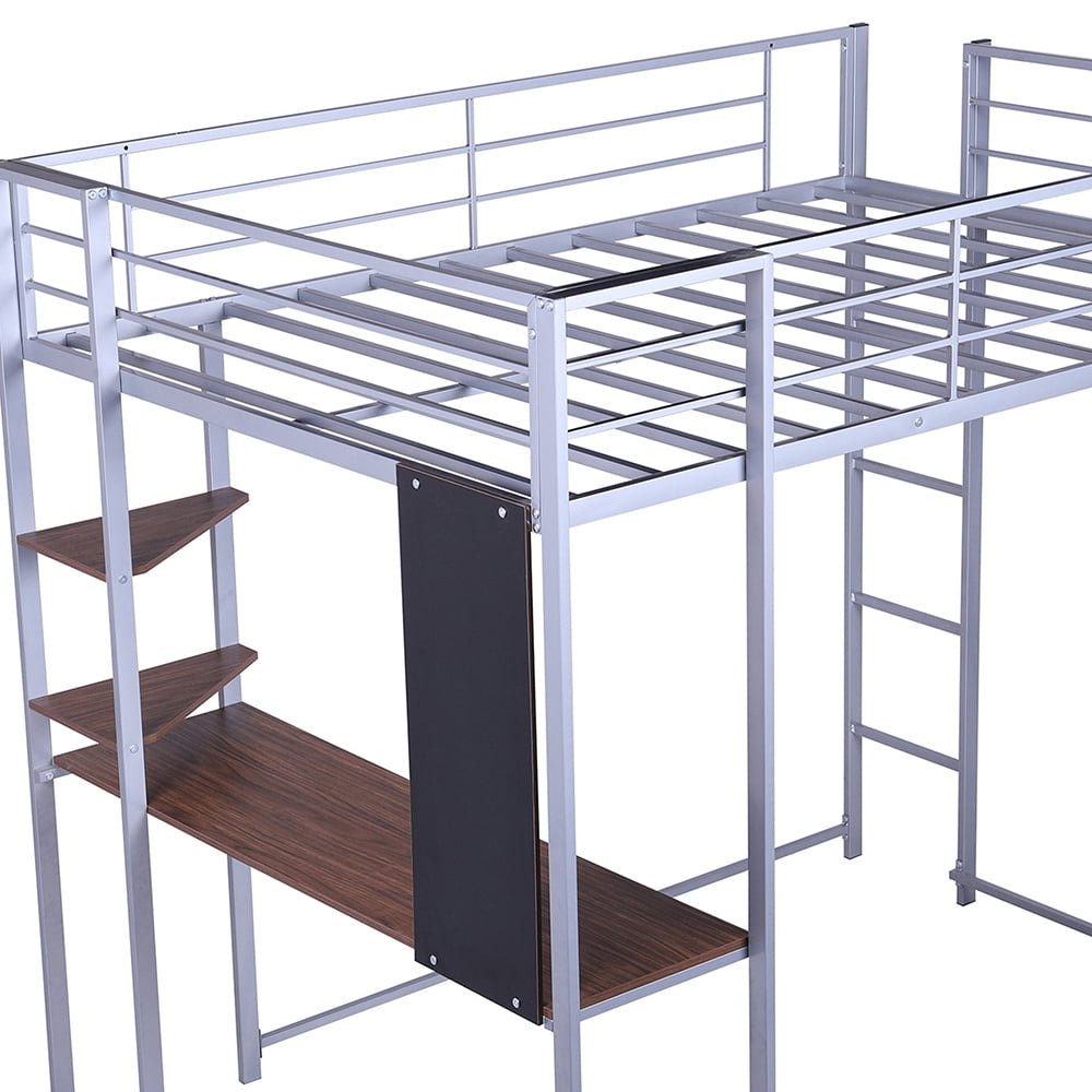 Kepooman Full Size Metal Loft Bed with 2 Shelves and one Desk ,Silver Kepooman Full Size Metal Loft Bed with 2 Shelves and one Desk ,Silver