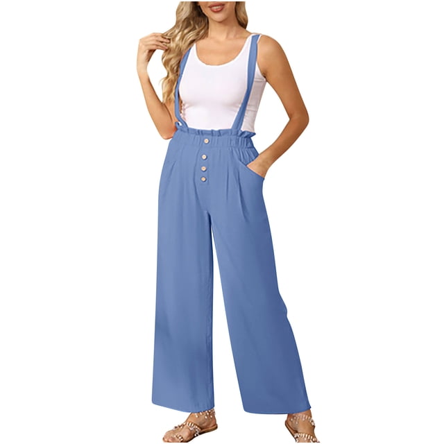 Timegard Womens Rompers Removable Strap Straight Leg Jumpsuit with Pockets Casusl Loose Comfy Overalls