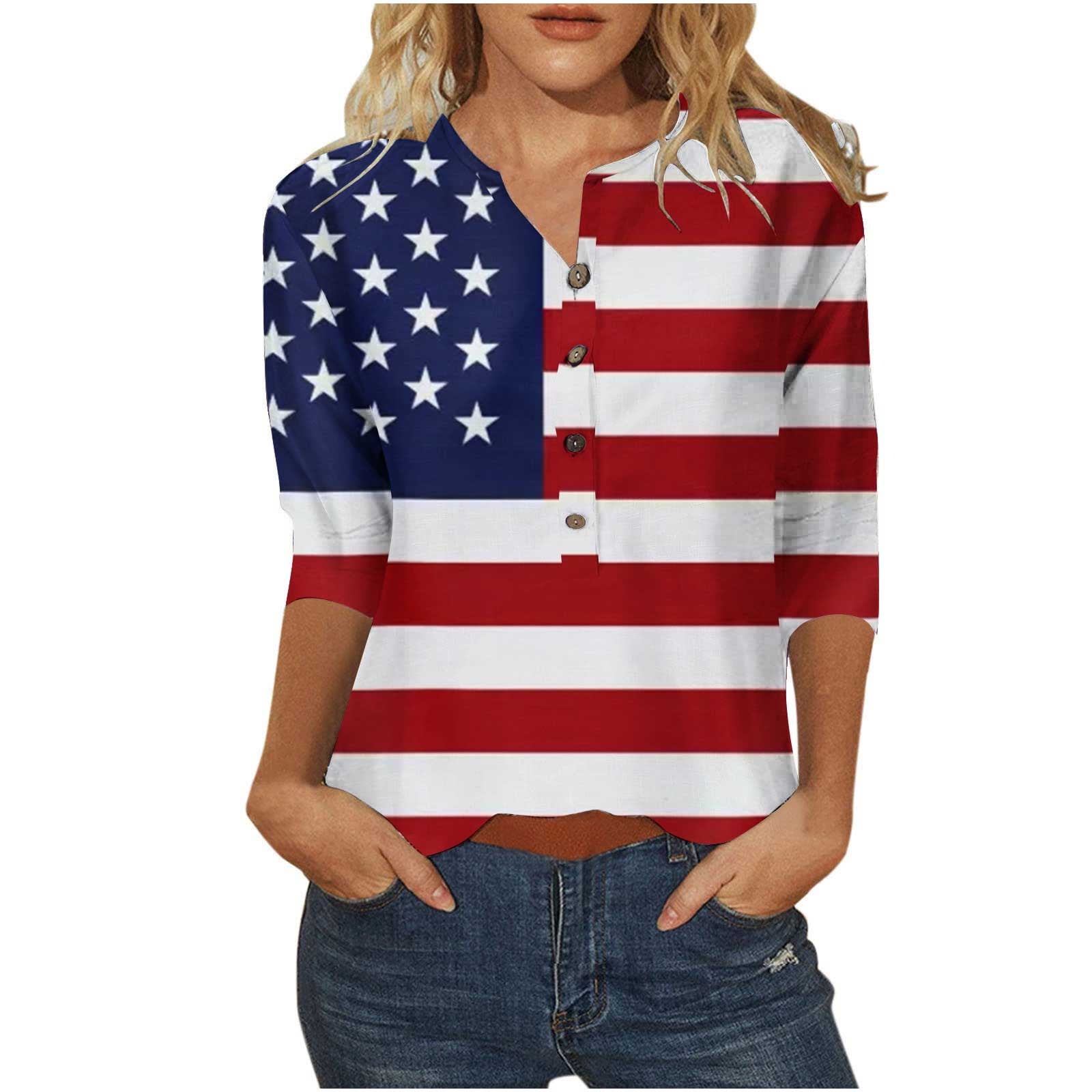 American Flag Shirts Women, 4th of July Patriotic T-shirts Women 3/4 ...