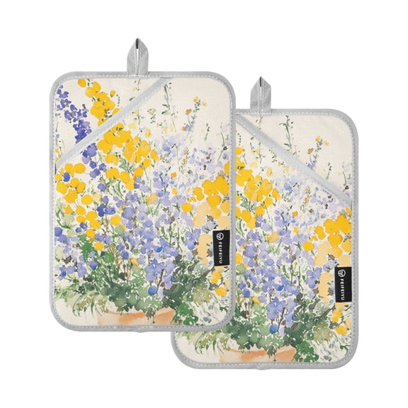 Blue and Yellow Flowers in Bloom Oven Mitts Pot Holders 2 pcs Heat Resistant for Kitchen Baking Grilling