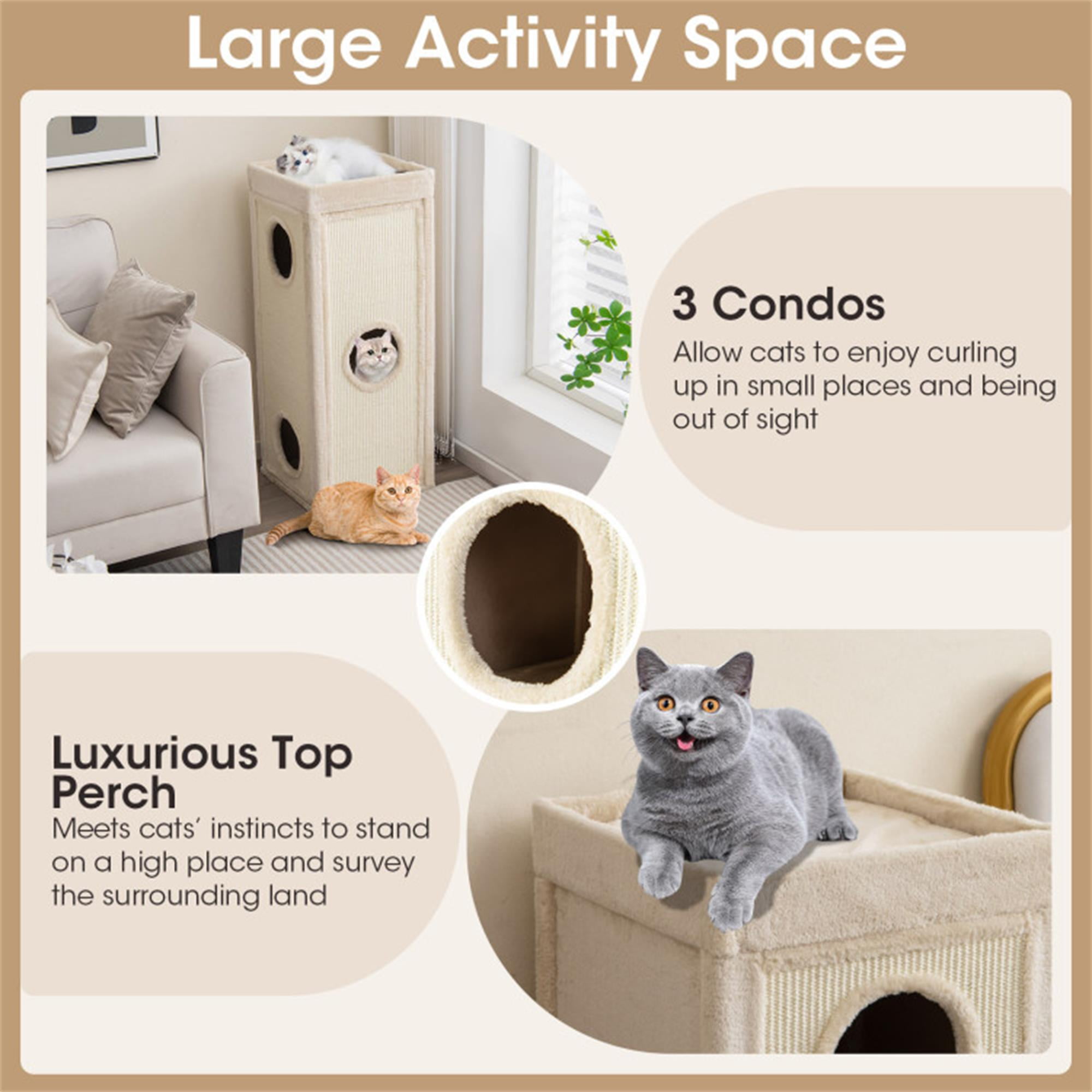 Kadyn 39" Indoor Cat Cave Bed, Cat House Scratcher Furniture, Cat Condo with Scratching Posts, 3 Hideaways, 4 Soft Plush Cushions, Beige