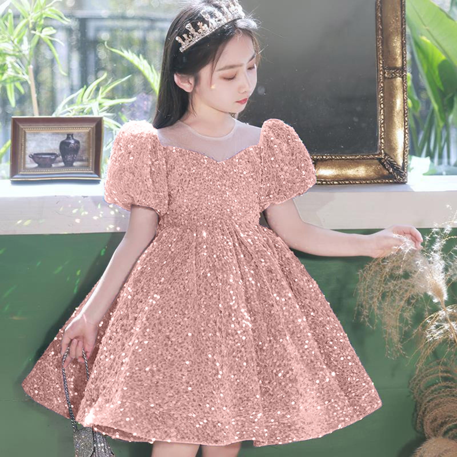 Essentials Girls Dresses 2026 Cute Sequin Glitter Party Carnival Gown mal Ball Gown Dress Size 4-5 Years