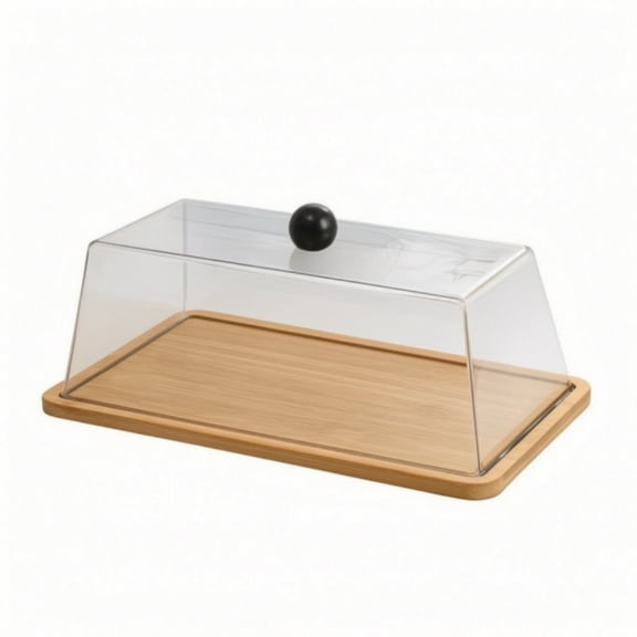 Abbraccia 1 Rectangular Bamboo Wood Serving Tray with Transparent Lid for Cake Display and Snack Storage