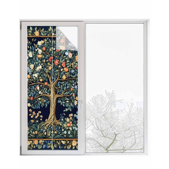 Window Privacy Film Tree Floral Stained Glass Window Film Decorative Sun Block Window Cover Boho Vintage Country Botanical Patterns Window Clings Static Adhesive Sticker for Bathroom 29.5"x78.7"
