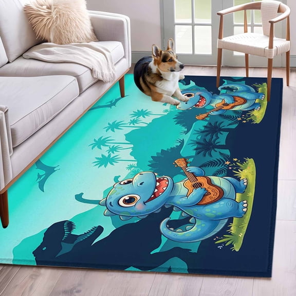 Funny Dinosaur Area Rugs 4'x6', Washable Small Throw Rugs for Office Bathroom, Playing Guitar Palm Tropical Fern Silhouette Indoor Outdoor Rug Non-Slip Low Pile Carpet Runner Reversible Floor Mats