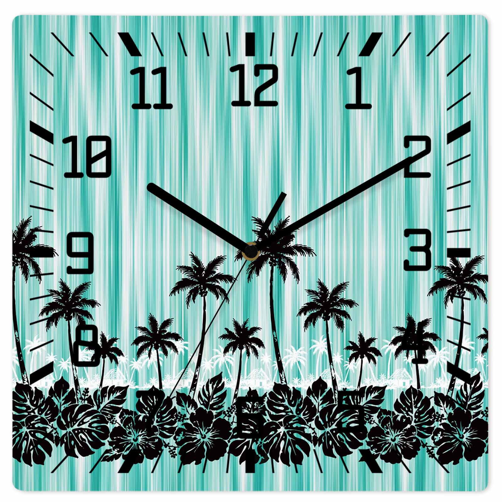 Wall Clock Turquoise Palm Tree Operated Square Clocks Wooden Silent Non-Ticking Wallclock 10 Inch Tropical Jungle Forest Wood Wall Clock for Living Room Bedroom Office Shool Home Decor