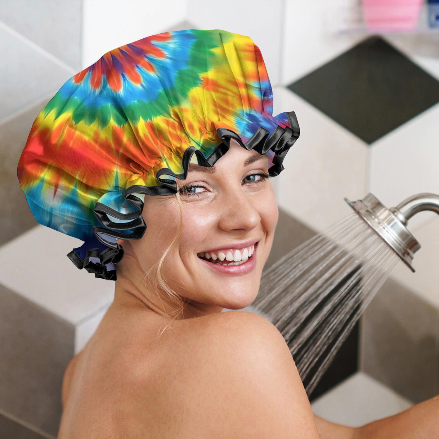 Shower Caps,Colorful Rainbow Tie Dye Spiral Pattern Waterproof Shower Cap for Women 4 Pieces,Double Reusable Hair Cover for Shower PEVA Elastic Stretch Hem