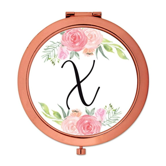 Koyal Wholesale Compact Mirror Bridesmaid's Wedding Gift, Rose Gold, Monogram Letter X, Peach and Pink Roses, 1-Pack