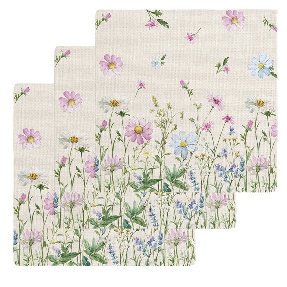 Flower Floral Kitchen Dish Towels for Drying Dishes Set of 3, Blue Pink Daisy Botanical Countryside Waffle Weave Microfiber Hand Tea Bathroom Towels Quick Dry & Absorbent Towel 12x12