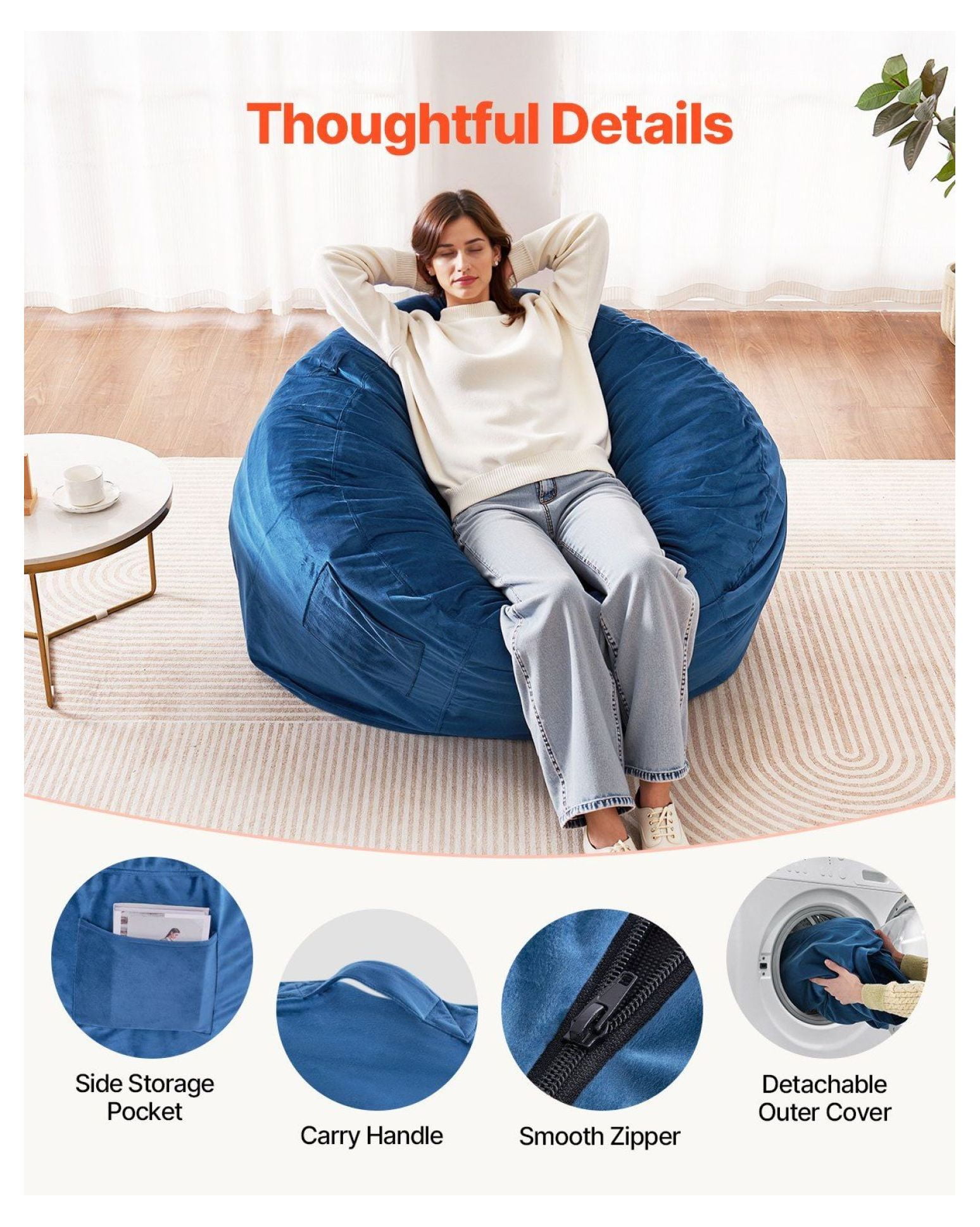Round Bean Bag Chair for Adults, Dutch Velvet Beanbag with Handle - Blue