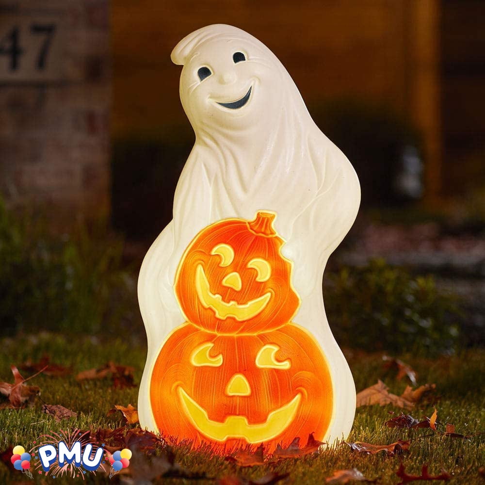 PMU Halloween Ghost with Pumpkins - Jack-O-Lantern Blow Mold Light-Up Decoration - Perfect for Halloween, Home, Yard, Indoor & Outdoor Decor Pkg/1