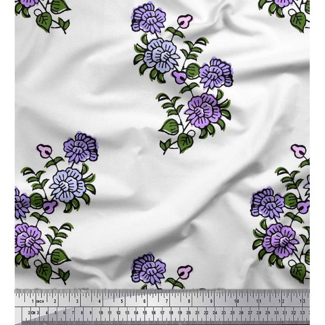 Soimoi Modal Satin Fabric Leaves & Floral Block Print Fabric by The Yard 42 Inch Wide