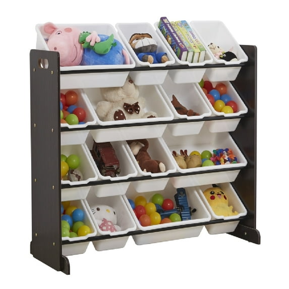 Hassch Kids' Toy Storage Organizer 4-Layers Wooden Storage Rack 16 Plastic Bins, White & Espresso