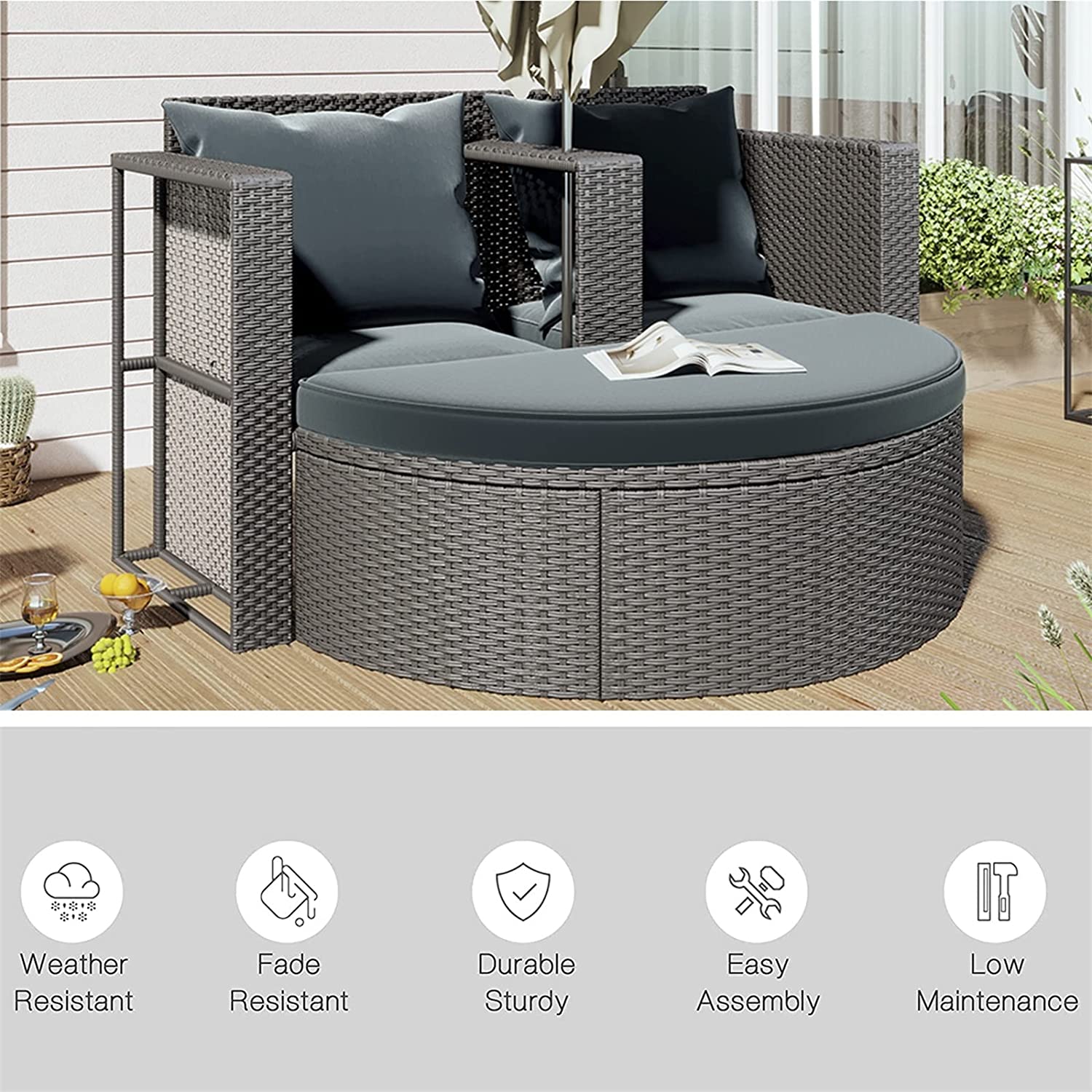 Outdoor Garden Patio Sofa Sets with Side Table for Umbrella, SEGMART Newest 2 Pieces Wicker Patio Furniture Set with Removable Seat Cushions & Half-Moon Sofa for Porch, Backyard, 300lbs, S1542 - image 2 of 9