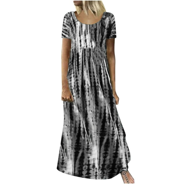 VEKDONE Liquidation 2025 Robe Longue Maxi Ample à Manches Courtes pour Femme Grande Taille Été Becah Décontractée Taille Empire Robe Fluide, Robes Hawaïennes pour Femmes