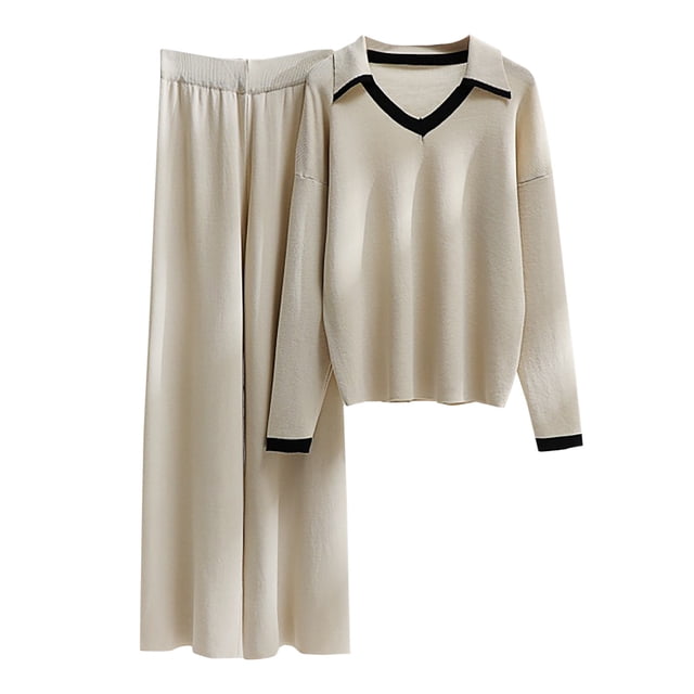 Yuyuzo Womens Ribble Knit Fall 2 Piece Sets Long Sleeve Lapel V Neck Shirts with Straight Leg High Waisted Pants