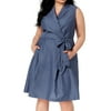 Womens Dress Blue Plus A-Line V-Neck Tie-Waist $129 24W