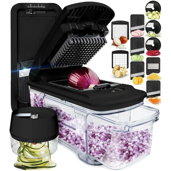 Fullstar All-in-1 Vegetable Chopper, Mandoline Slicer & Cheese Grater - French Fry Cutter & Veggie Dicer - Includes Bonus Handheld Spiralizer - Cook's Tool & Gadget Sets (6 in 1, Black)