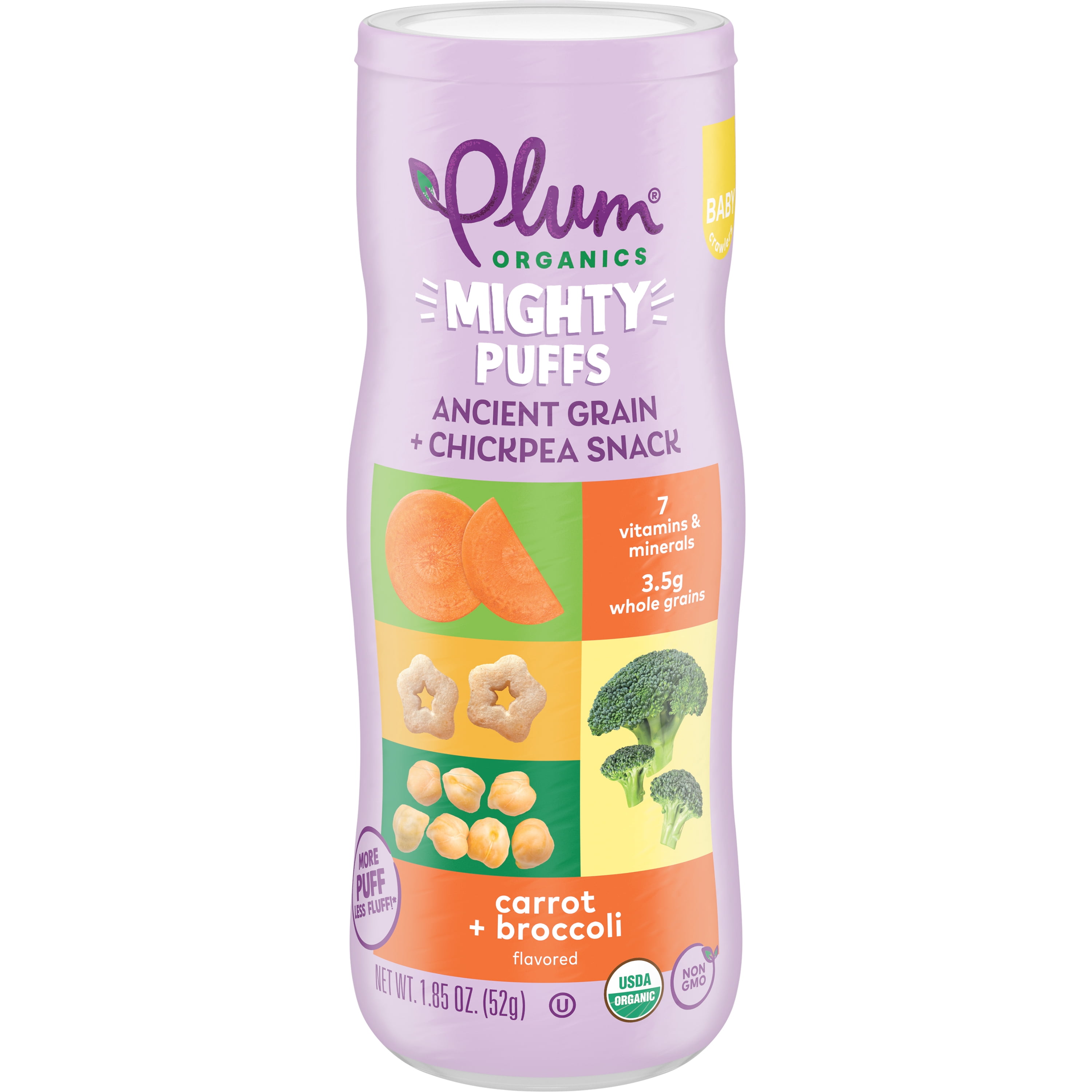 Plum Organics Mighty Puffs, Ancient Grain + Chickpea Snack, Carrot + Broccoli, 1.85 oz Canister, 6 Pack