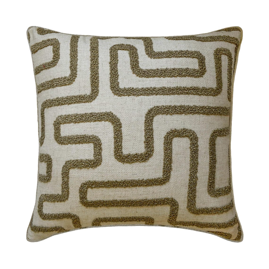 Boucle Embroidery Olive Green Decorative Throw Cushion Cover 65x65 cm Set of 2 Contemporary Linen Pillow Cover Geometric | Textured, Tufted, Maze Pillowcases for Couch, Sofa & Bed - Earth Maze