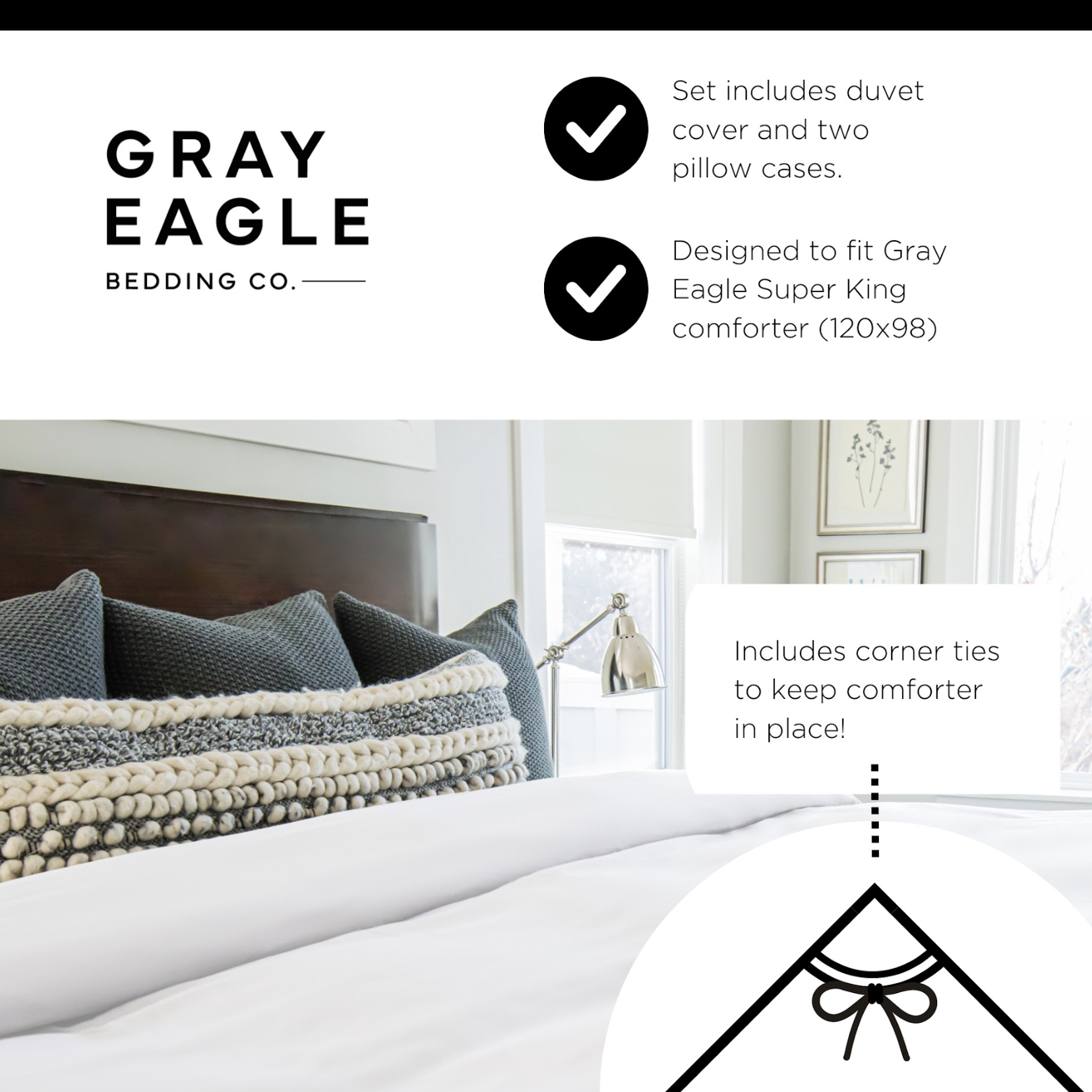 Gray Eagle Oversized King Comforter, White, Includes Free Duvet Cover Set, All Season Down Alternative Comforter King, Extra Large King Comforter, Fits California King 120 x 98 inches