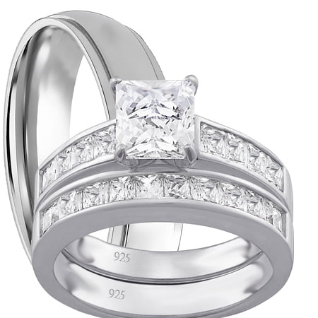 His and Hers Matching Wedding Ring Sets Sterling Silver Titanium Bands for Him Her 12/7