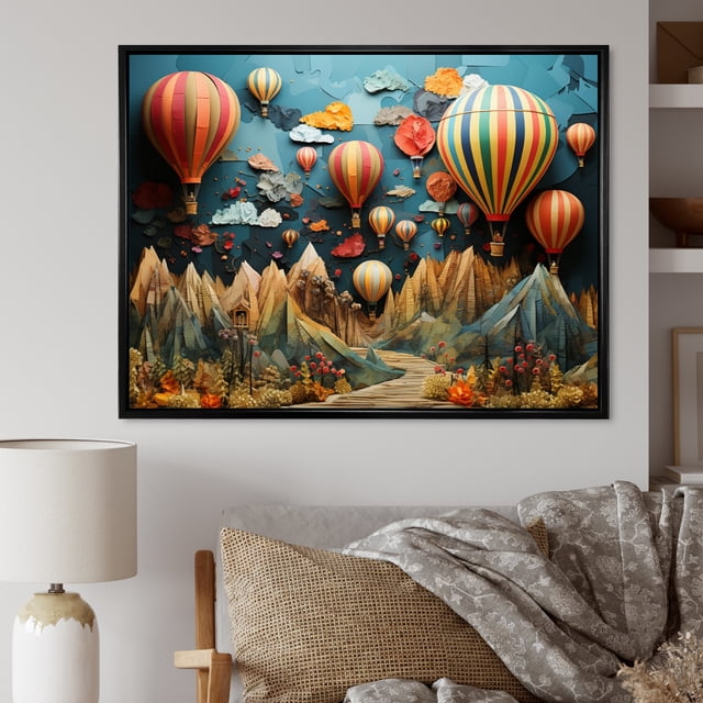 Designart Ballon à Air Chaud Surdimensionné Décor d'Art Mural Encadré, Ballon à Air Chaud Encadré art Mural, composition Colorée de Ballon à Air Chaud, Multi-Couleur Moderne Noir Encadré art Mural, 32 X 24 Pouces Cadre Noir