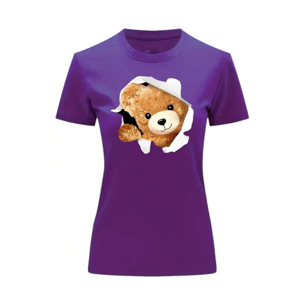 Playera Blusa Con Impresion De Oso Saliendo Del Pecho Ropa Para Mujer Color Morado Talla Chica Marca Emil SaEs