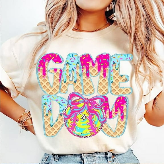 Softball Drip Game Day T-Shirt, Preppy Ice Cream Softball Tee, Softball Mama Dripping Shirt, Cute Game Day Softball Mom T-Shirt