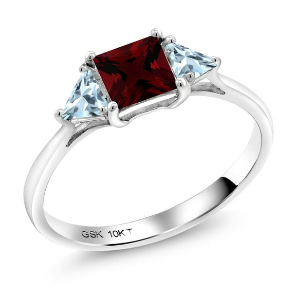Gem Stone King 10K White Gold Red Garnet and Sky Blue Aquamarine 3 Stone Engagement Ring for Women (1.26 Cttw, Gemstone January Birthstone, Princess Center 5MM, Trillion 3.5MM, Size 7)