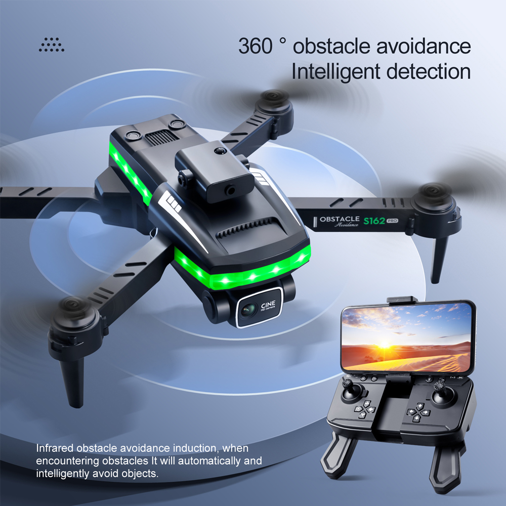 S162 RC Drones,HD Dual Camera , 2.4G WIFI ,FPV Colorful Lighting , 360 Obstacle Avoidance, Folding Quadcopter Remote Control Aircraft Toy, for Adults and Childers, 3 Battery, Black