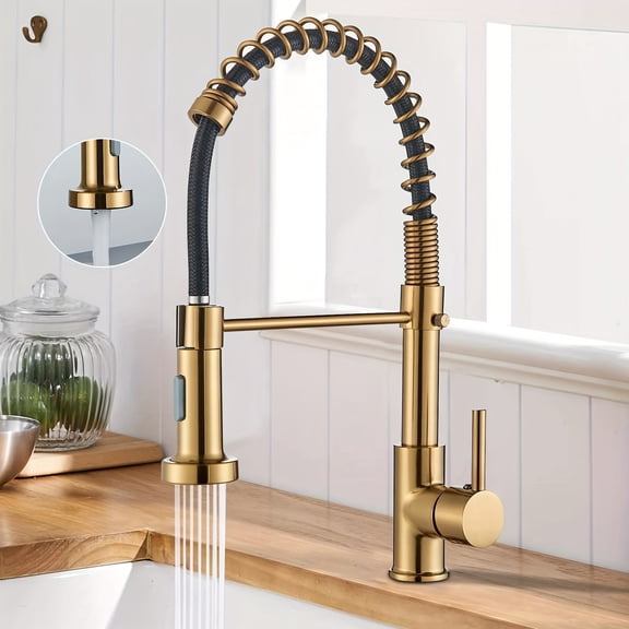 Modern Brushed Golden Kitchen Sink Faucet with Pull-Out Spout & 360° Swivel Spout - Water-Saving Single-Handle Hot/Cold Water, Brass & Plastic Valve Assembly Suitable for Sinks