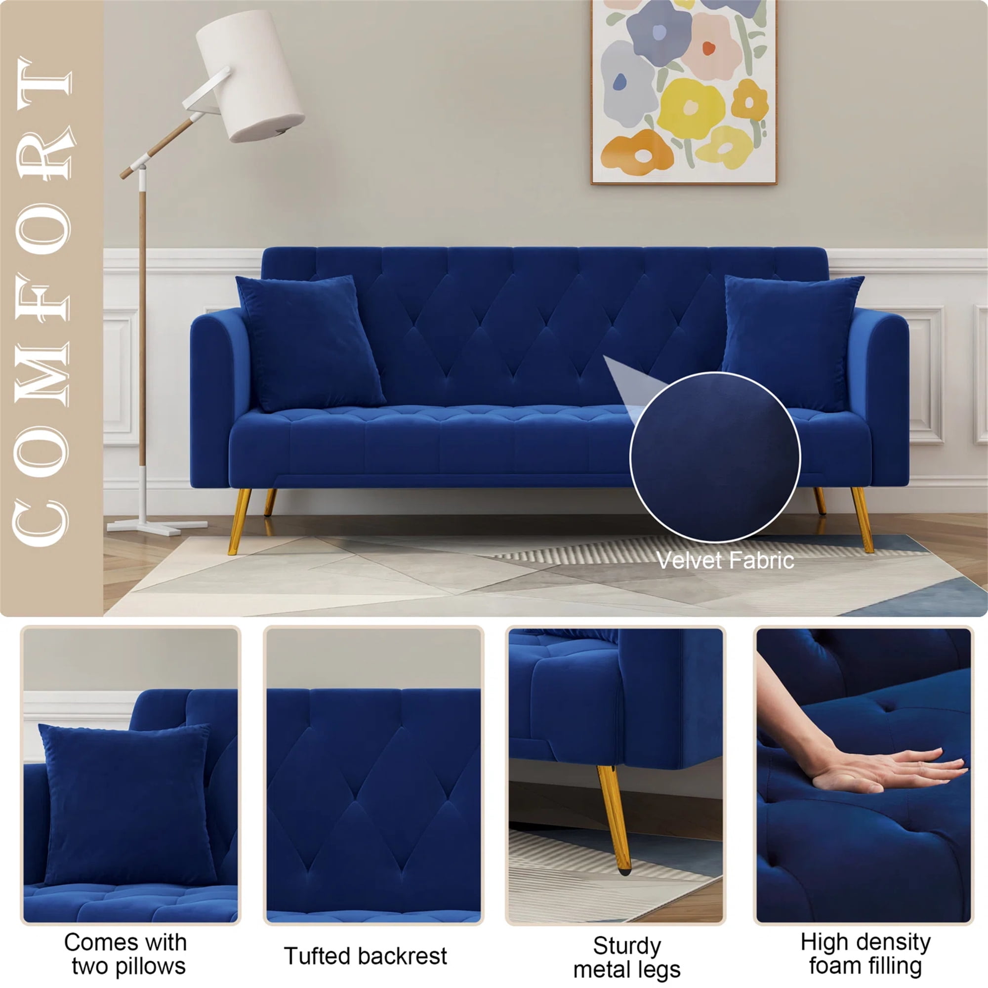 Aukfa Curved Arm Futon Convertible Sofa Bed for Home Office, 2 Pillows, Tufted Back, Velvet, Blue