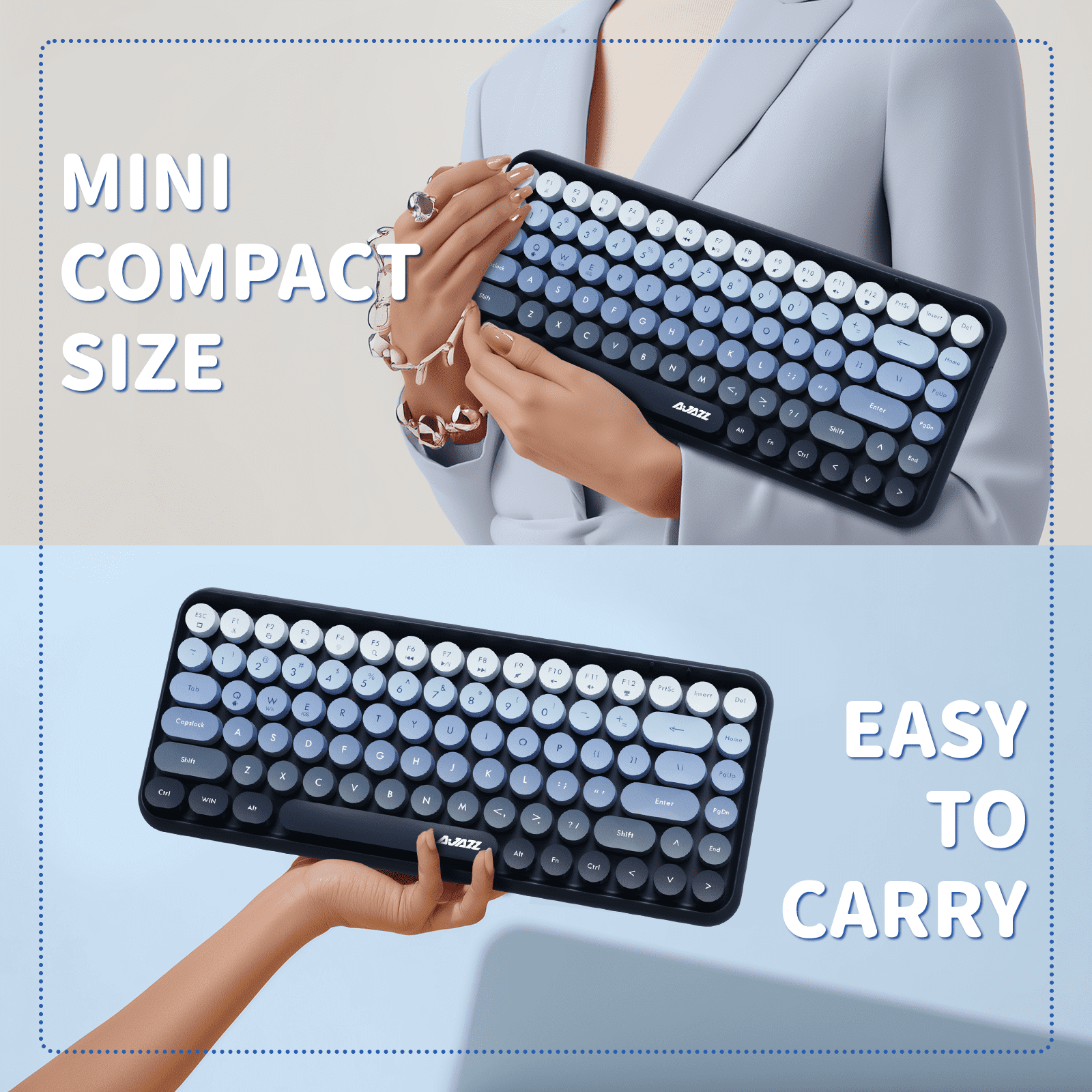 Ajazz 308i Retro Wireless Bluetooth Silent Computer Keyboard with Round Punk Compact 84 Keys, Lightweight, Matte Texture for PC, Laptop - Blue