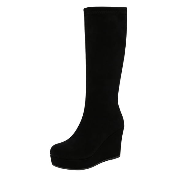 PFWOWB Women's Stretch Knee High Wedge Boots with Round Toe, Platform Sole and Slim Shaft (Black,6.5)