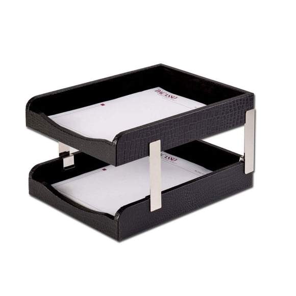 Dacasso Bandejas Dobles Para Cartas De Cuero Negro Con Relieve De Cocodrilo - Escritorio - Negro - Terciopelo De Cuero - 1 Solamente