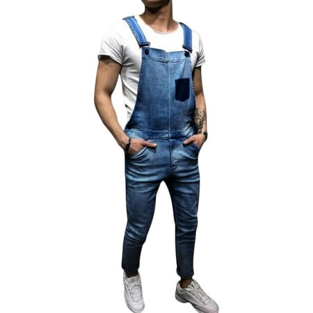 Retro Men's Bib Overalls Suspender Overalls Trousers Carpenter Overalls Bib Jumpsuits Skinny Jeans Pants Work Pants Denim Blue