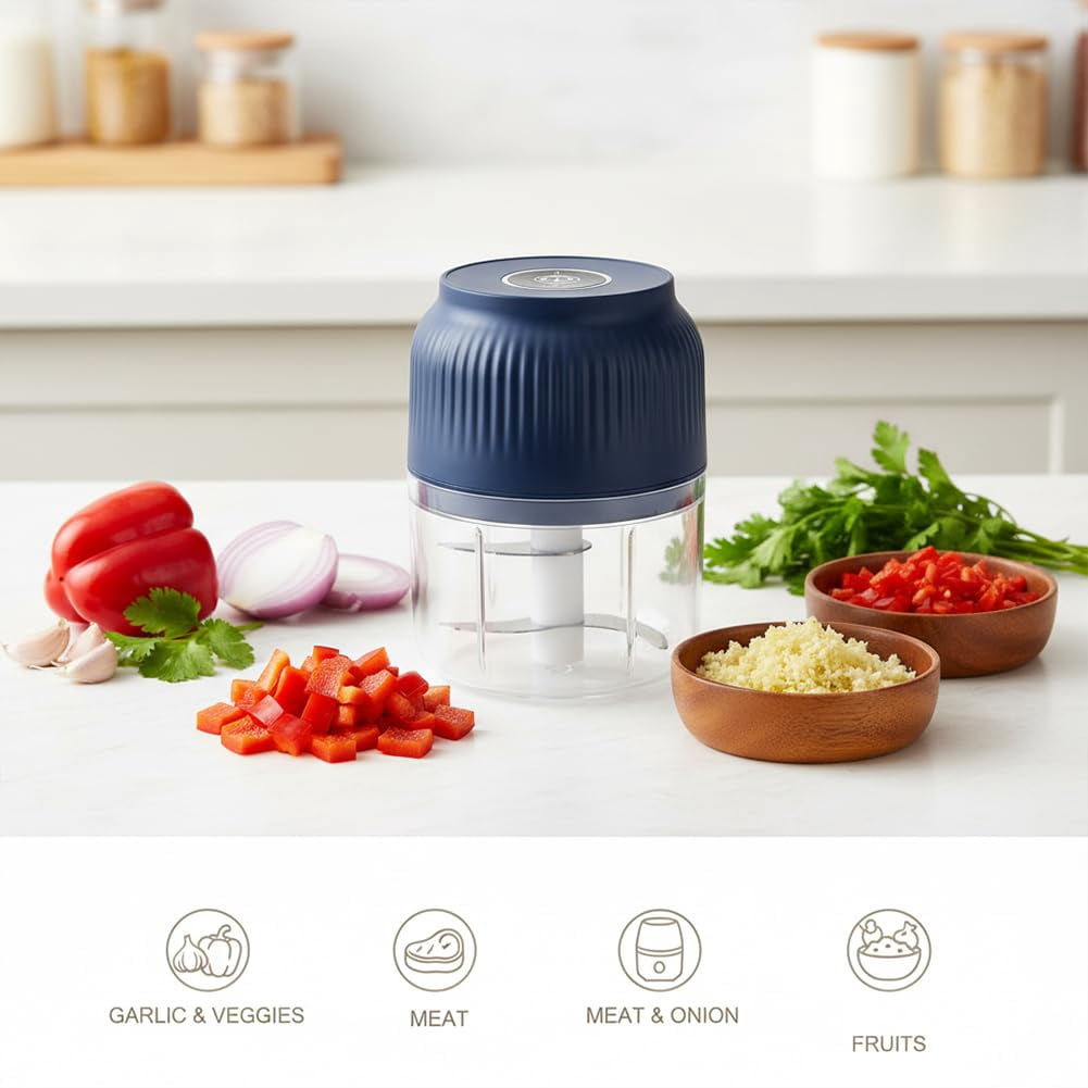 300ml Electric Garlic Chopper, Mini Portable Veggie Cutter with 4 Sharp Stainless Steel Blades, Compact One-Touch Food Processor Easy to Clean