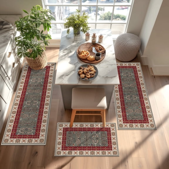 Yamaziot Kitchen Rugs Set of 3 Non Skid Kitchen Runner Farmhouse Floor Mats Washable, Vintage Persian Boho Kilim Tribal Carpet