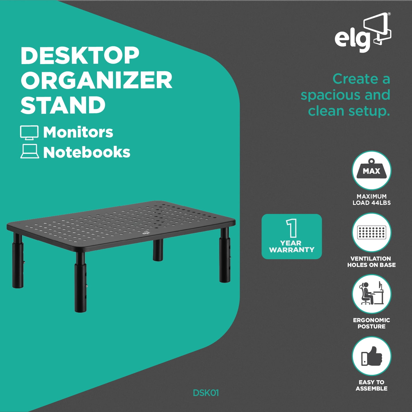 ELG Desktop Monitor Stand and Laptop Riser, Adjustable Height Steel Organizer, 44 lb Capacity, Black, 2 Pack