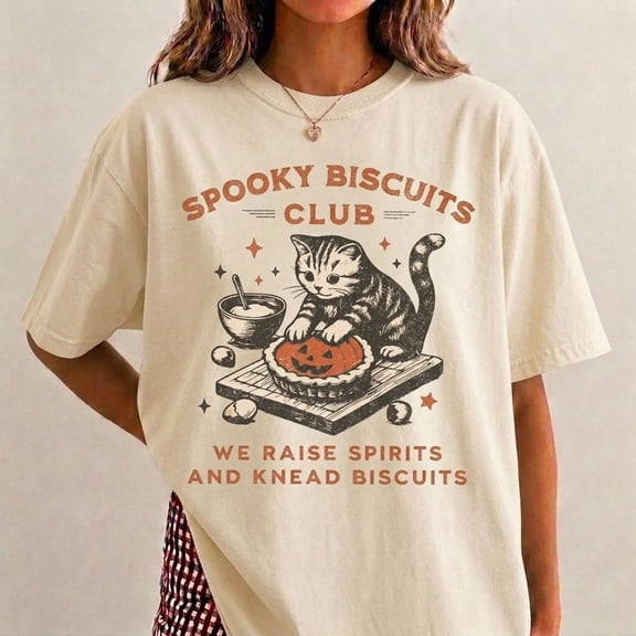 Spooky Biscuits Club T-Shirt, Halloween Cat Pumpkin Pie Graphic Tee, Cute Baking Cat Fall Shirt