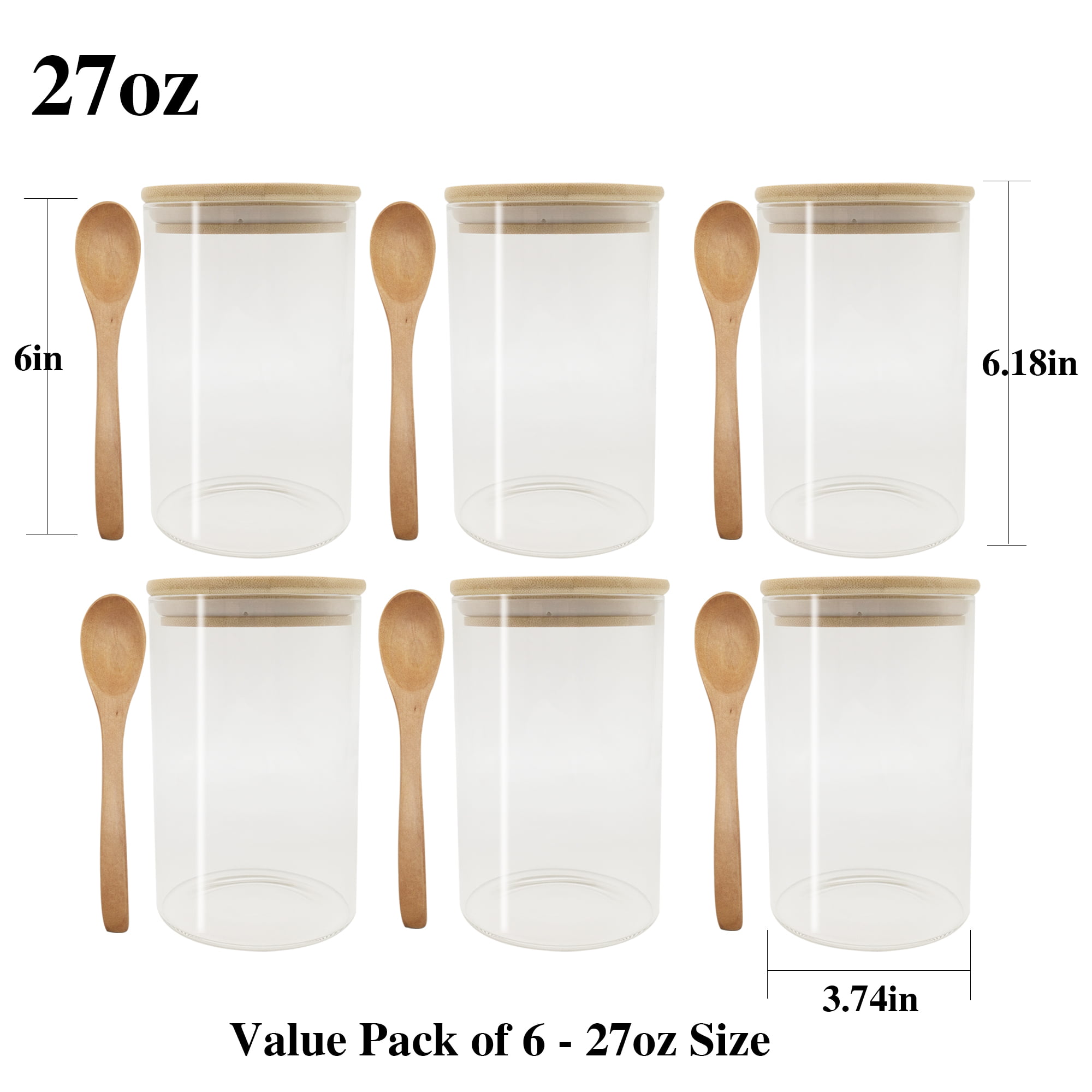 VIKEYHOME Glass Pantry Storage Containers, 27oz (6 Pack) Borosilicate Glass Food Jars with Airtight Bamboo Lids, 800ml Jar with 6 Pcs Wooden Spoons