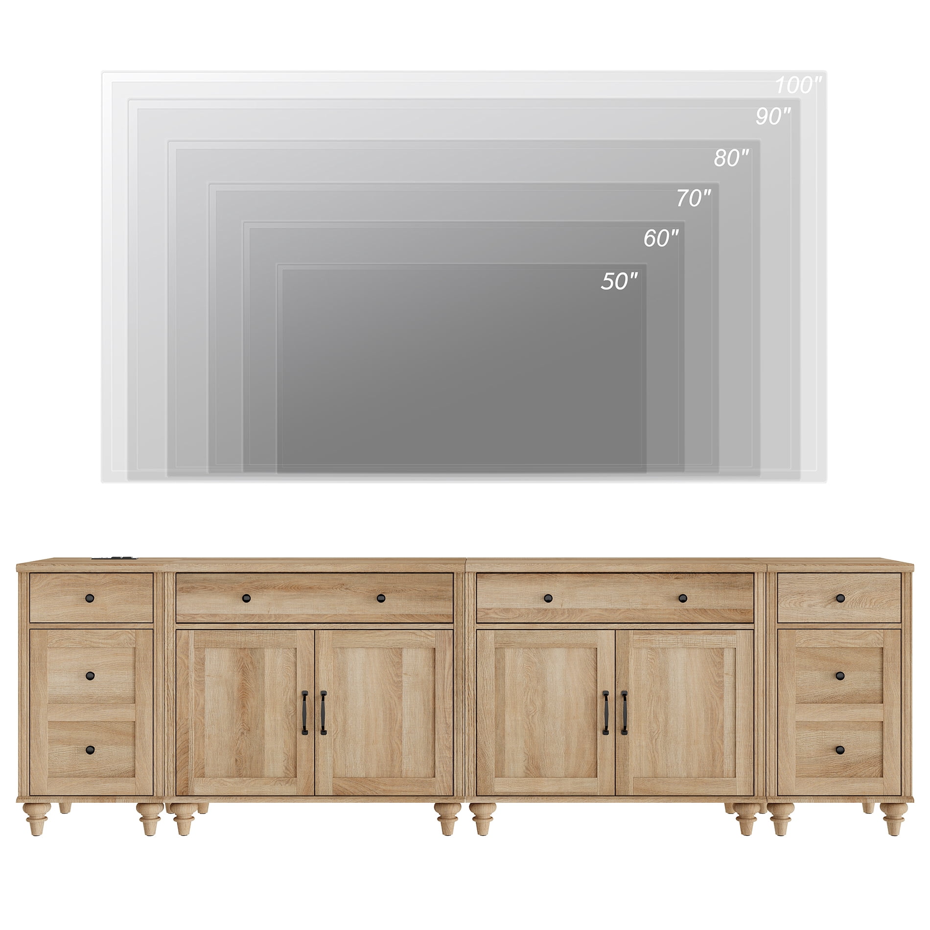 WAMPAT TV Stand for 100 Inch TV, 4-in-1 TV Console Table for 75/80/85/90 Inch TV, Farmhouse Entertainment Center with Charging Station, Kitchen Sideboard Buffet Cabinet for Dining Room, Oak