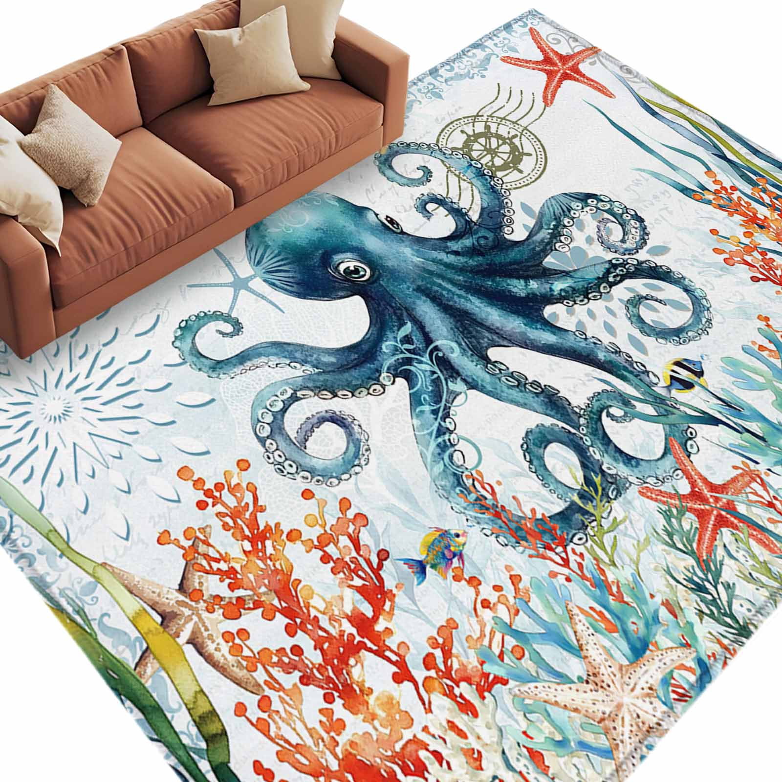 5'x8' Area Rugs, Octopus Coastal Indoor Outdoor Area Rug for Living Room Bedroom, Summer Beach Ocean Coral Starfish Washable Bathroom Rugs Kitchen Floor Carpet Mats Home Decor Aesthetic
