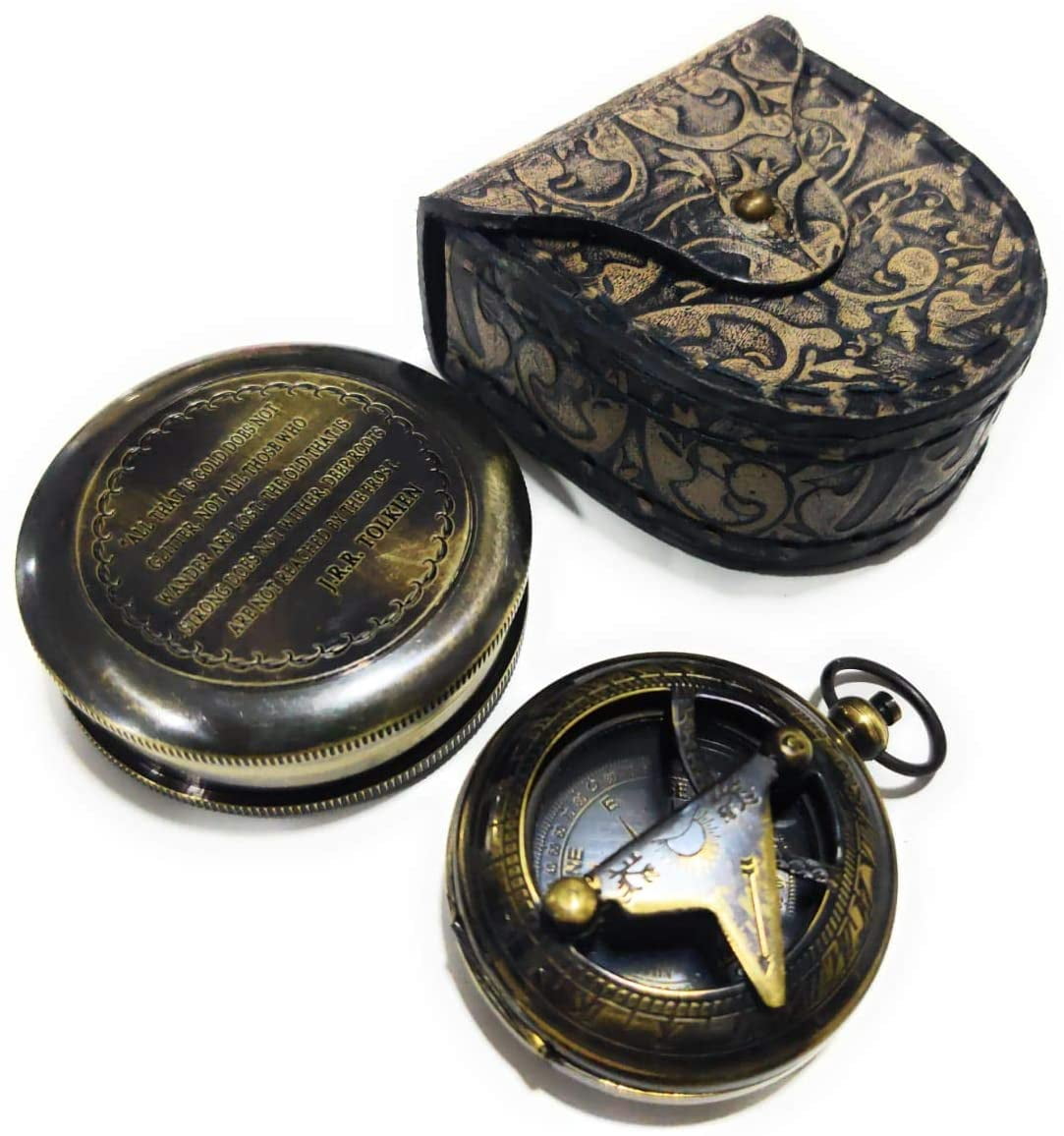 Maritime antique brass compass with measuring tape leather case christmas gift 