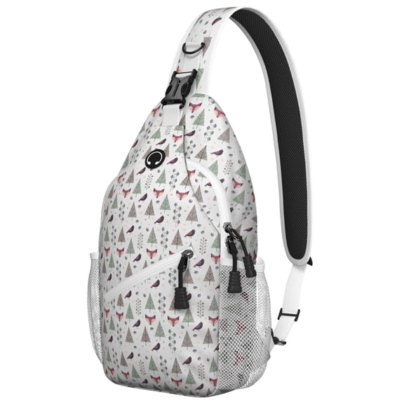 Sling Backpack,Christmas Forest Pattern Sling Bag with Water Bottle Holder,Waterproof Sling Bag for Men/Women with Headphone Jack for Hiking,Travel