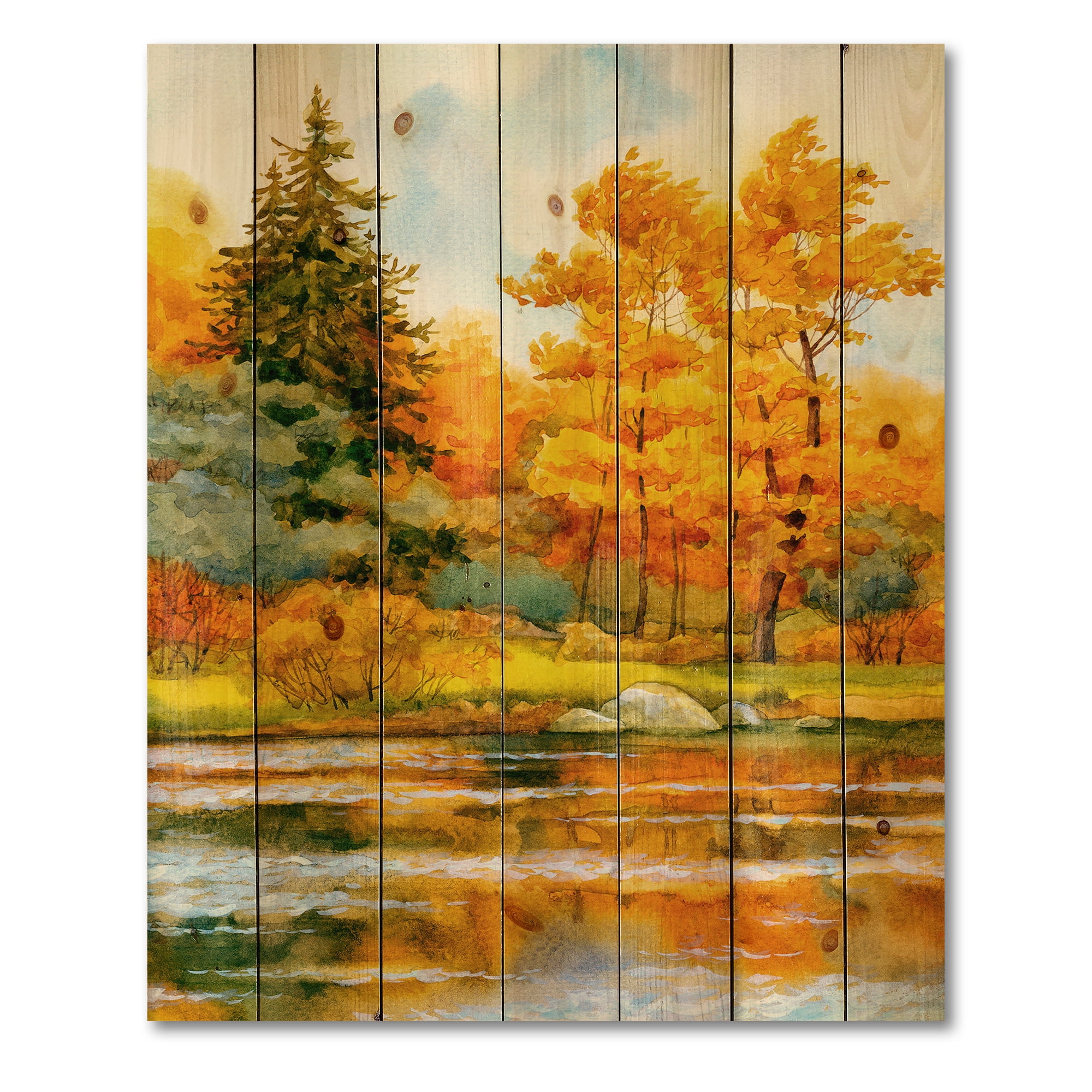 Designart 'Autumn Forest By The Lake Side II' Lake House Print on Natural Pine Wood