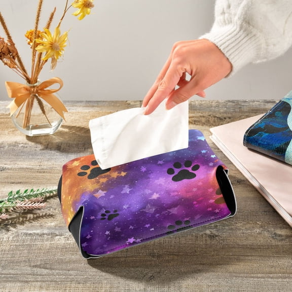 Black Paws on Rainbow Sky Leather Tissue Box Cover Rectangle Tissue Holder Foldable